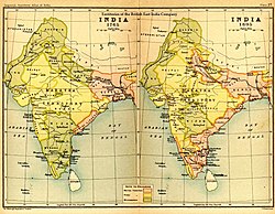 1765-1805 map of India, shown with a territorial division between Hindus, Muslims and the British. India1765and1805b.jpg