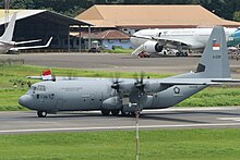 An Indonesian Air Force Lockheed Martin C-130J-30 at Halim Perdanakusuma AFB Indonesian Air Force (A-1339) Lockheed C-130J-30 Super Hercules Arrival.jpg