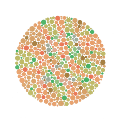 Ishihara Plate No. 29[a]  (a line can be traced by many of those with red-green color blindness, but not by those with normal color vision)