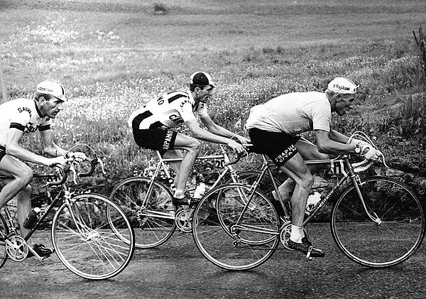 Italo Zilioli (middle), Jacques Anquetil (right), and Vittorio Adorni (left) riding together during the 21st stage.