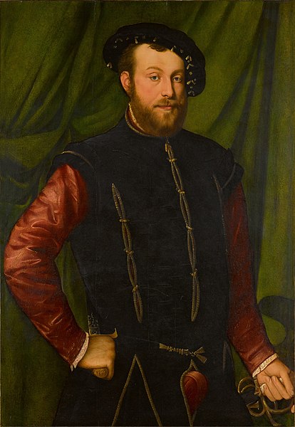 File:Jan Stephan van Calcar - Portrait of a gentleman, three-quarter length, wearing a black cap, a black-slashed singlet over a red shirt, holding a sword and a dagger, standing before a green curtain.jpg