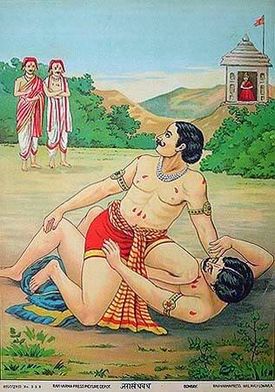Lukisan India kang nggambaraké adegan minangka Jarasandha dipateni Bima.