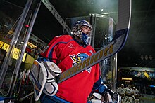 Photographie couleur d'un gardien de but de hockey sur glace