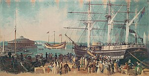 ”The Bay and Harbor of New York” by Samuel Waugh (1814–1885), depicting the arrival of the Junk Keying in New York harbour in July 1847 (watercolor on canvas, c.1853–1855, Museum of the City of New York).