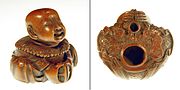 Katabori-netsuke front and rear view with two holes for cord