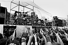 Katedra performing at the first Roko marsas festival in 1987 in Taurage, Lithuania Katedra band on stage, during the first Rock March (Taurage, Lithuania, 1987).jpg