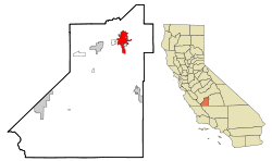 カリフォルニア州におけるキングス郡（右図）およびハンフォード市の位置の位置図