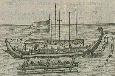 Kora-kora raja Ternate dengan 7 meriam. Katil mewah raja dapat dilihat.
