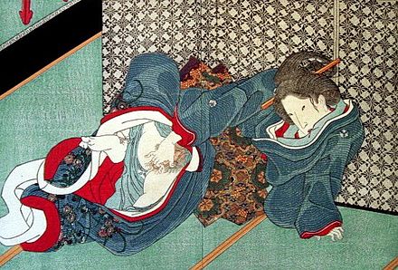Masturbation was depicted in 19th-century Shunga prints, such as this piece by Kunisada