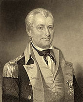 A black-and-white print of man. The portrait is half-height. The man is older, with white hair, and is wearing an 18th-century military uniform. His body is turned three-quarters left, but is looking at the viewer.