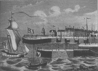 Leith Harbour extension c.1685 by Robert Mylne. Note the apertures in the harbour wall which allowed logs to be floated into Timber Bush. Leith Harbour as extended by Robert Mylne, the King's Master Mason, in 1685.jpg