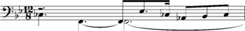 A more sinister version of the horn call motif, articulated as a half-diminished seventh arpeggio, "music of dark strength and magnificence," occurs in "Hagen's Watch" towards the end of Act 1 of Gotterdammerung. Hagen, who eventually murders Siegfried, contemplates ways of using the benighted hero to further his own ends. Leitmotif transformed in Hagen's Watch 02.png