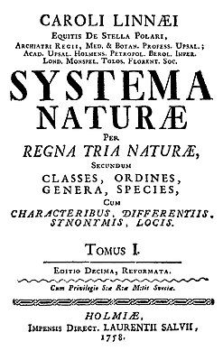 Titulná strana desiateho vydania Systema Naturae (1758)