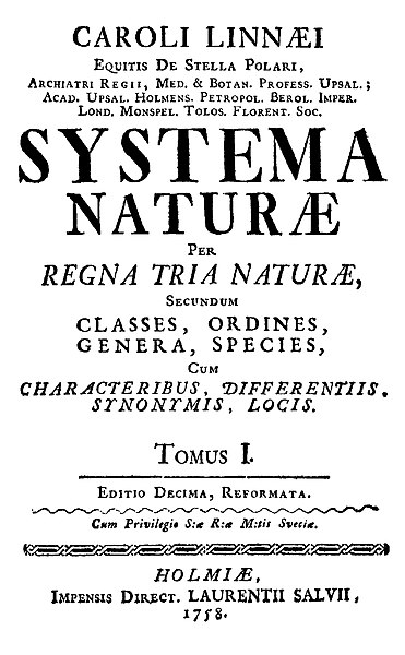 Title page of the 10th edition of Systema Naturae