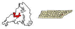 Location of Loudon in Loudon County, Tennessee.