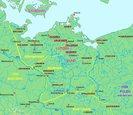 Das Siedlungsgebiet der Kessiner im Verhältnis zu ausgewählten anderen elbslawischen Stämmen um die Mitte des 11. Jahrhunderts (Kernstämme des Lutizenbundes rot unterstrichen)