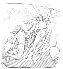 A depiction of Mani, the personified Moon, and his sister Sol, the personified Sun, from Norse mythology (1895) by Lorenz Frolich. Mani and Sol by Lorenz Frolich.jpg