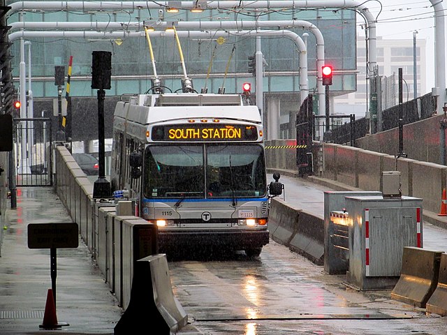 MBTA route SLW bus approaching World Trade Center station, March 2017.JPG