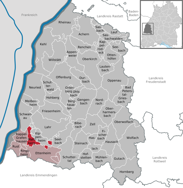 Poziția orașului Mahlberg pe harta districtului Ortenaukreis