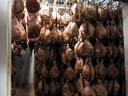 Hams aging in an atmospherically controlled storage room in Mazerolles, Béarn, Pyrénées-Atlantiques