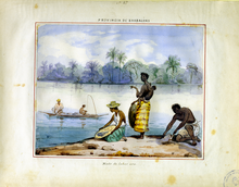 "A Gold-Washing Technique, Province of Barbacoas" by Manuel Maria Paz (1853). Manuel Maria Paz (watercolor 9042, 1853 CE).png