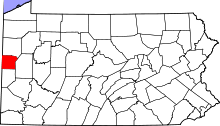 Location of Lawrence County in Pennsylvania Map of Pennsylvania highlighting Lawrence County.svg