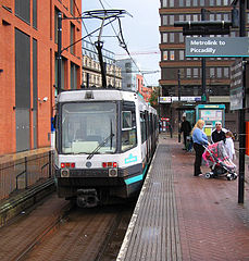 A T-68 tram at Piccadilly Gardens tram stop in 2005.