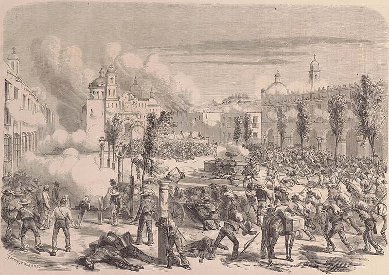 File:Mexique. — Défense héroïque du bataillon belgue commandé par le major Tydgadt dans Tacamburo, le 11 avril 1865. (D'après le croquis de M. A. Martin).jpg