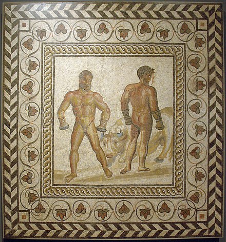 Boxing scene from the Aeneid (book 5), mosaic floor from a Gallo-Roman villa in Villelaure (France), c. 175 AD, Getty Villa (71.AH.106)