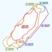 Una mappa che raffigura le sei fasi di ampliamento della superficie dell'isola dal 1893 al 1931