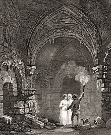 A view of the ornately-carved castle chapel in 1814. Newcastle Castle, Interior, 1814.jpg