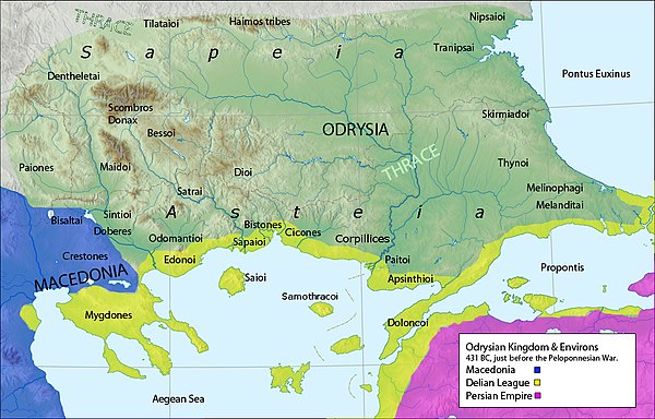 Thrace in the Odrysian Kingdom showing several Thracian tribes. Sapeia was Northern Thrace and Asteia was Southern Thrace.