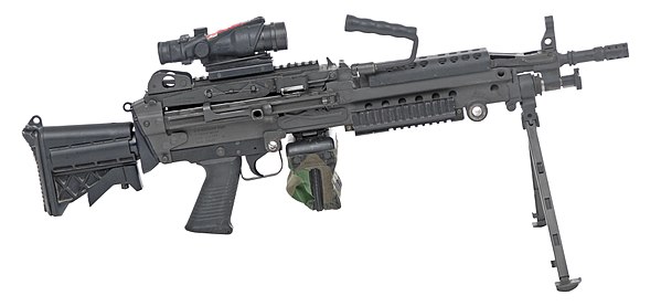 The Belgian Minimi M249 light machine gun, one of the most widespread modern 5.56 mm light machine guns amongst NATO countries. This one is an M249E3 