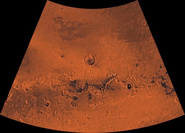 Image of the Ismenius Lacus Quadrangle (MC-5). The northern area contains relatively smooth plains; the central area, mesas and buttes; and the southe