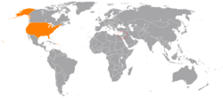 Mapa označující umístění Palestiny a USA