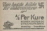 Elektrofirmaet Per Kure Norsk Motor og Dynamofabrik (PKNM) hadde svastika i sin logo etter modell av det svenske moderselskapet ASEA. Avisannonse fra 1920.
