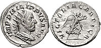 Silver Antoninianus coin issued by the Roman emperor Philip the Arab to commemorate his victory over the Carpi in AD 247. Obverse: Head of Philip wearing diadem, with legend: IMP(erator) PHILIPPVS AVG(ustus); Reverse: Figure of winged goddess Victory bearing palm and laurel wreath, with legend: VICTORIA CARPICA. Mint: Rome. Date: undated, but must have been issued in period 247-9 Philippus Arabus Antoninianus 83217.jpg