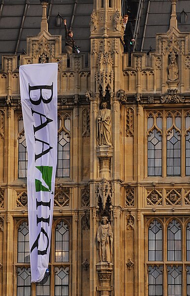 Plane Stupid activists on the roof of the Palace of Westminster in 2008 complaining about BAA's close links with government