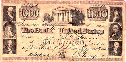 A promissory note issued by the Second Bank of the United States, December 15, 1840, for the amount of $1,000