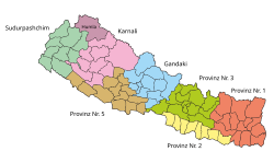 Plats för Humla-distriktet (mörkare lila) i Karnali-provinsen och i Nepal