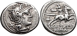 Denarius of Quintus Marcius Philippus, 129 BC. The obverse depicts a head of Roma; on the reverse is a horseman, behind whom is a Macedonian royal helmet. Q. Marcius Philippus, denarius, 129 BC, RRC 259-1.jpg