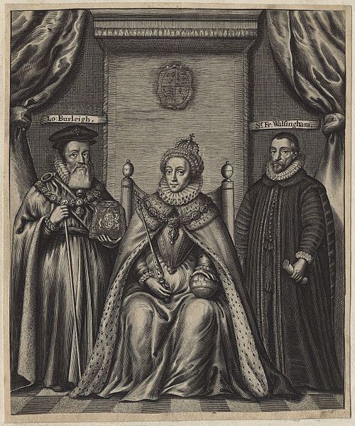 Seventeenth-century engraving of Queen Elizabeth with William Cecil (left) and Francis Walsingham (right)