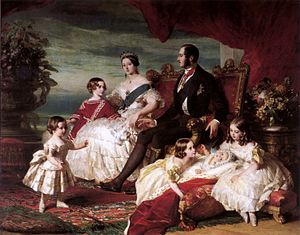 Queen Victoria, Prince Albert, and their children as an idealized family. Queen Victoria, Prince Albert, and children by Franz Xaver Winterhalter.jpg