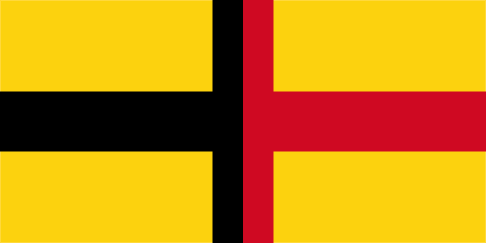 The Sarawak flag first hoisted 21 September 1848 as described by James Brooke in his letter to Lord Palmerston dated 14 March 1849 "a yellow field, with a cross per pale red and black" [56][57]