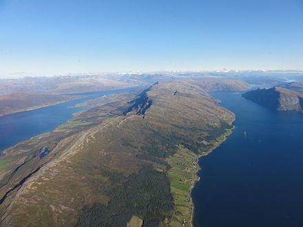 Outer part of Ranfjorden (near Nesna) looking north east to Mo i Rana and the mountains