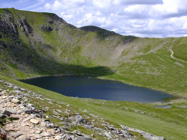 The eastern side of Helvellyn: Looking down onto Red Tarn from Striding Edge, with the summit of Helvellyn and Swirral Edge beyond