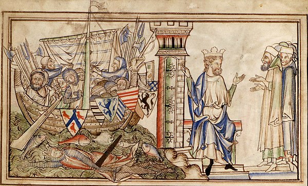 Godwin and his family return by ship to the court of king Edward the Confessor in 1052. From a 13th-century manuscript of the Vita Ædwardi Regis