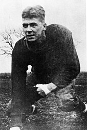 Ronald Reagan on the Eureka College Football Team, 1929 Ronald Reagan in football uniform on field at Eureka College in Eureka, Illinois.jpg