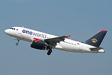 A Royal Jordanian Airbus A319 in oneworld livery. Royal Jordanian Airlines Airbus A319; JY-AYP@ZRH;07.04.2010 570eq (4500715784).jpg