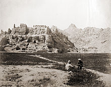 An 1881 photo showing the ruined Old Kandahar citadel ("Zor Shar") where the Greek inscription was discovered Ruins of old Kandahar Citadel in 1881.jpg